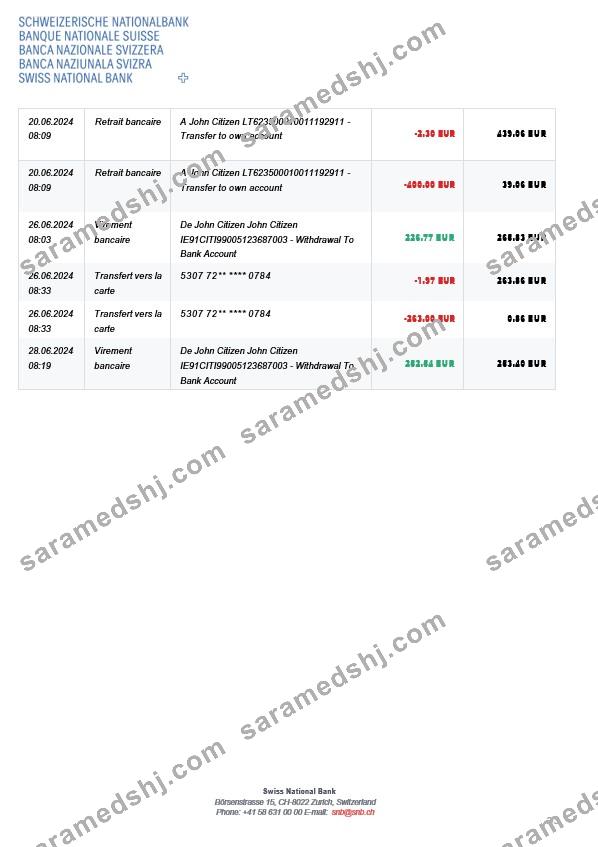 Switzerland Swiss National Bank SNB account statement, 3 pages 2